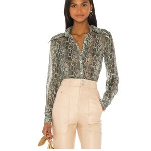 Green Snake Print Chiffon Button Up Shirt Blouse